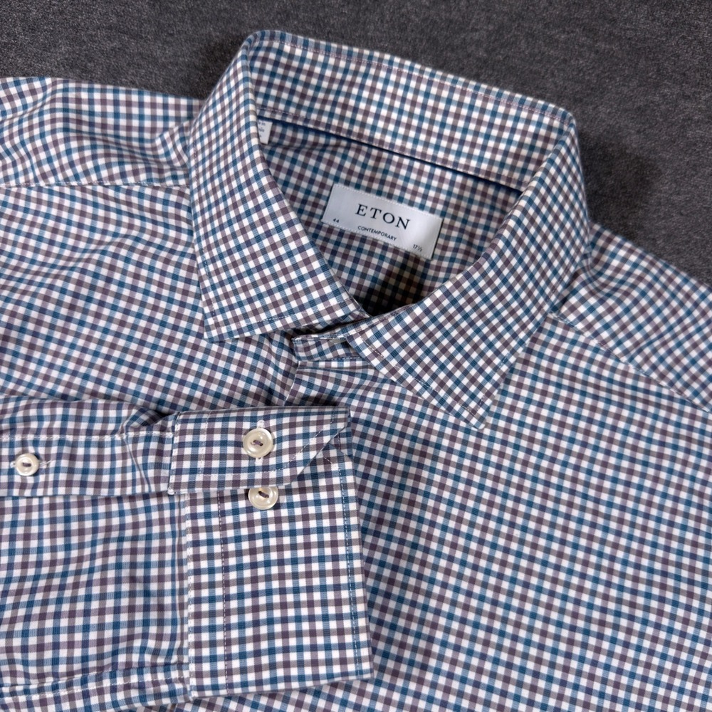 Eton Button Down Shirt Mens 17.5 Blue Gingham Contemporary Fit Cotton Twill